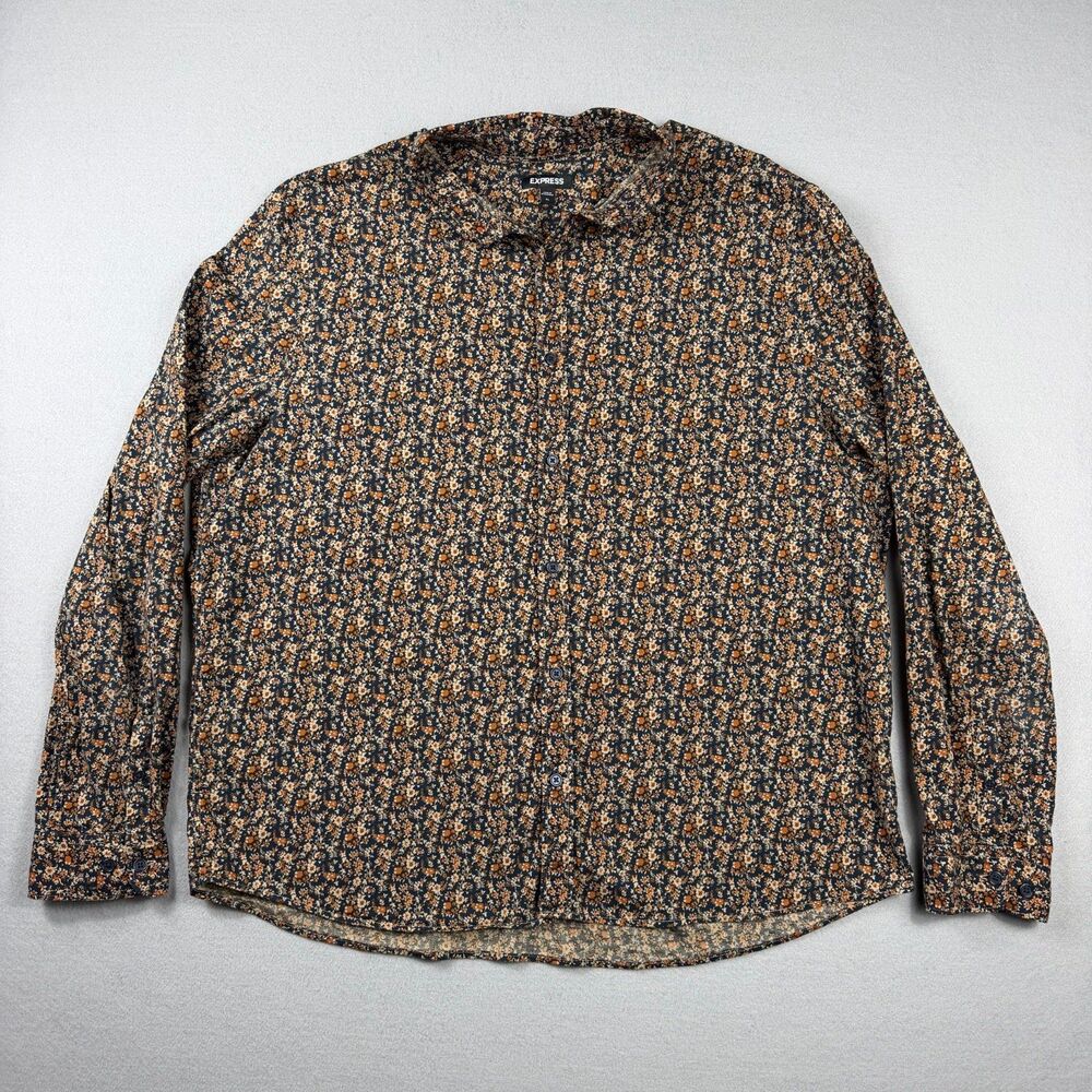 Express Floral Button Up Shirt Womens XL Navy Orange Ditsy Cotton Grandmacore